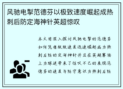 风驰电掣范德芬以极致速度崛起成热刺后防定海神针英超惊叹